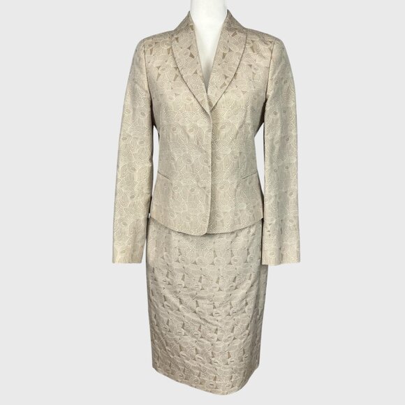 Marlowe Italy Womens Tan 2 Piece Suit Skirt Jacket Silk Cotton size IT 40 US 6 - Picture 1 of 14